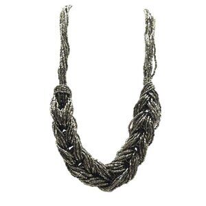 Braided Metallic Silver Beaded Necklace With Adjustable Lobster Clasp Closure
